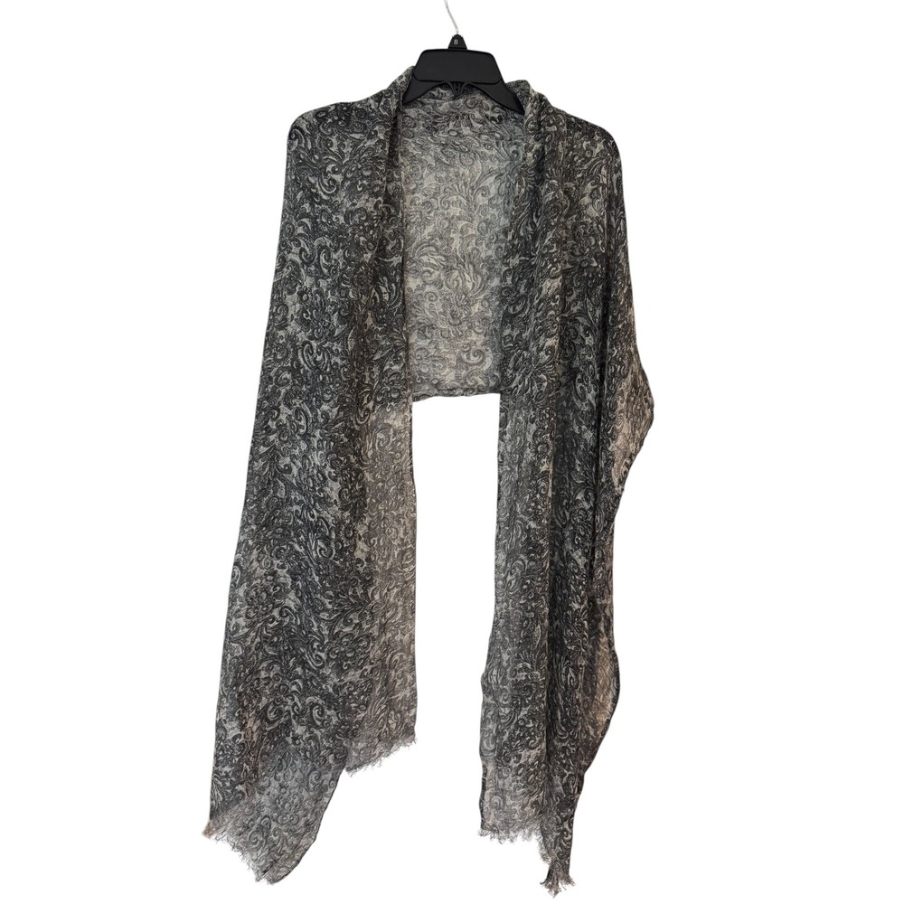 Gray Paisley Gauze Scarf Lightweight Rectangular Shawl Eyelash Fringe 25x83